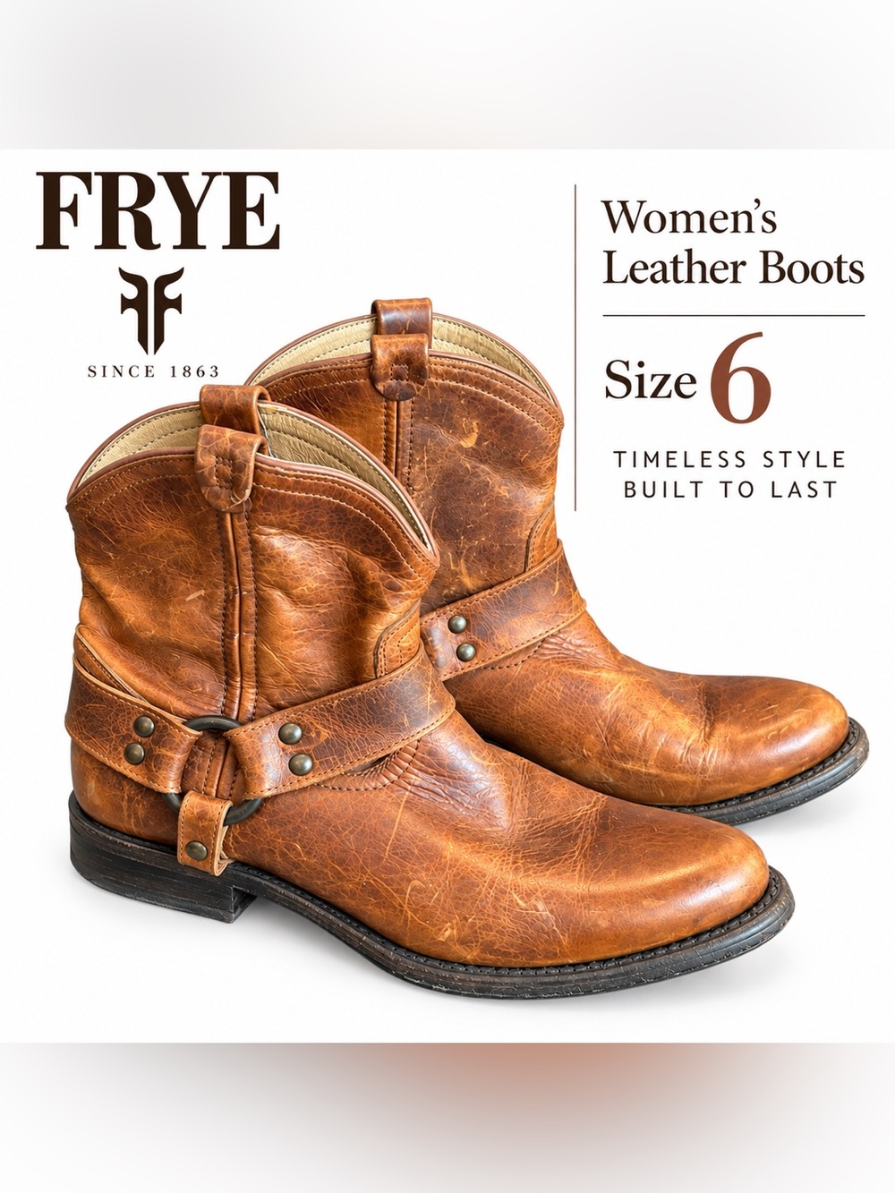 Frye Brown Leather Harness Cowboy Boots